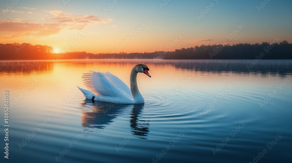 Fototapeta premium Swan Gliding on Lake at Sunset with Ripples Behind