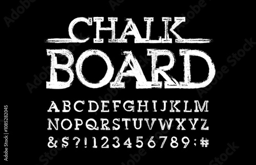  Vintage Chalk alphabet font. Retro letters and numbers. Stock vector typescript for your design.