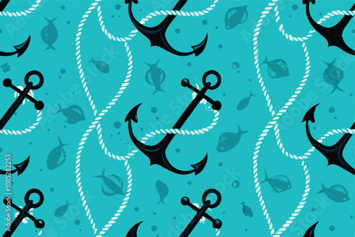 Create a nautical seamless pattern featuring intricately detailed anchors, intertwined ropes, and playful leaping fish.  Use a vintage color palette.