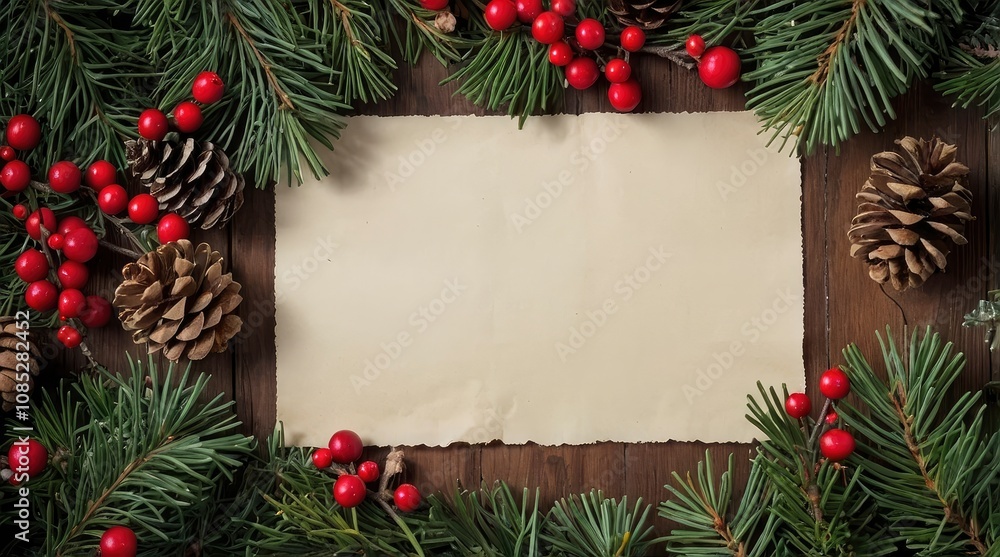 A blank piece of parchment paper framed by a Christmas garland of pine boughs, pine cones and holly. - generative ai A blank piece of parchment paper framed by a Christmas garland of pine boughs, pine cones and holly. - generative ai