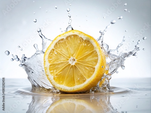 Minimalist Lemon Splash, Water Droplets, Isolated Slice