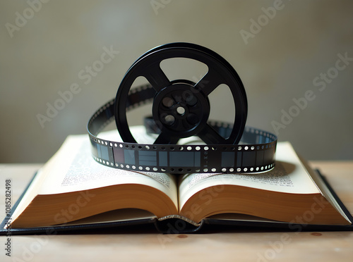An open book with a film reel on top, symbolizing the connection between literature and film adaptation.
