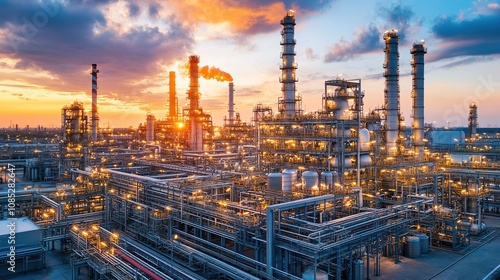 Industrial complex at sunset, showcasing pipes and smokestacks against a colorful sky.