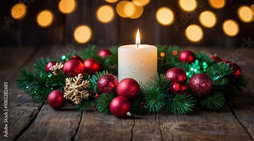 Christmas garland wreath and a candle with glittery and glowing defocused lights on an old wood background (very shallow depth) - generative ai