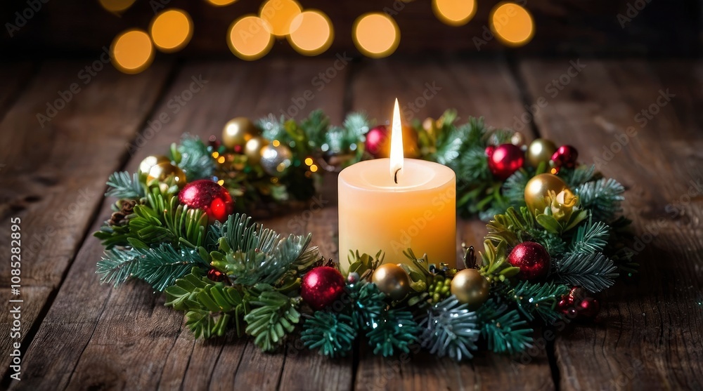Christmas garland wreath and a candle with glittery and glowing defocused lights on an old wood background (very shallow depth) - generative ai Christmas garland wreath and a candle with glittery and glowing defocused lights on an old wood background (very shallow depth) - generative ai