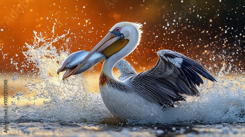 Pelican Catching Fish with Bill in Splashing Water Moment photo