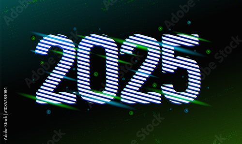 Striped logo green blue 2025. Template concept for calendar, agenda. Christmas, holidays, business concept 2025 New Year. Striped number with green blue backlight. Vector illustration.