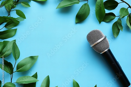 World press freedom day celebration with microphone and greenery on blue background photo