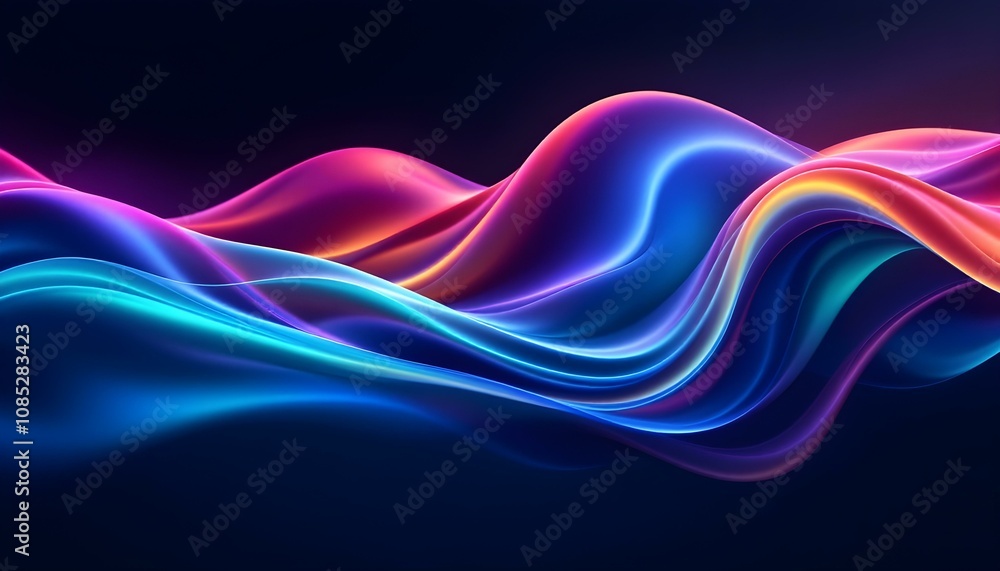 A dynamic 3D rendering of an abstract fluid holographic wave in neon hues, set against a dark backdrop. a gradient design suitable for banners, backgrounds. Abstract dark holographic iridescent neon