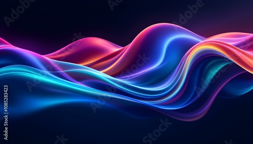 Obraz na płótnie A dynamic 3D rendering of an abstract fluid holographic wave in neon hues, set against a dark backdrop. a gradient design suitable for banners, backgrounds. Abstract dark holographic iridescent neon w salonie