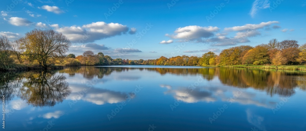 Tranquil Autumn Lake with Sky and Cloud Reflections Tranquil Autumn Lake with Sky and Cloud Reflections