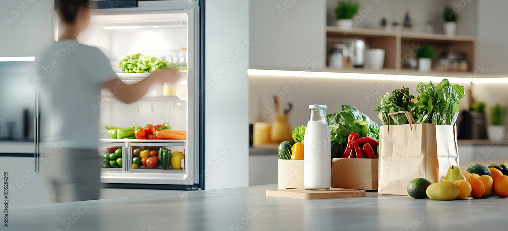 Moderne Küche mit geöffnetem Kühlschrank und frischem Gemüse Moderne Küche mit geöffnetem Kühlschrank und frischem Gemüse