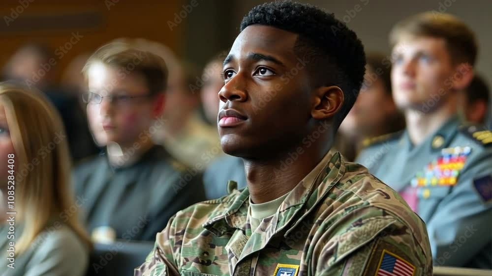 A soldier attending a military career development seminar, learning about leadership, strategic thinking, and advancement opportunities A soldier attending a military career development seminar, learning about leadership, strategic thinking, and advancement opportunities