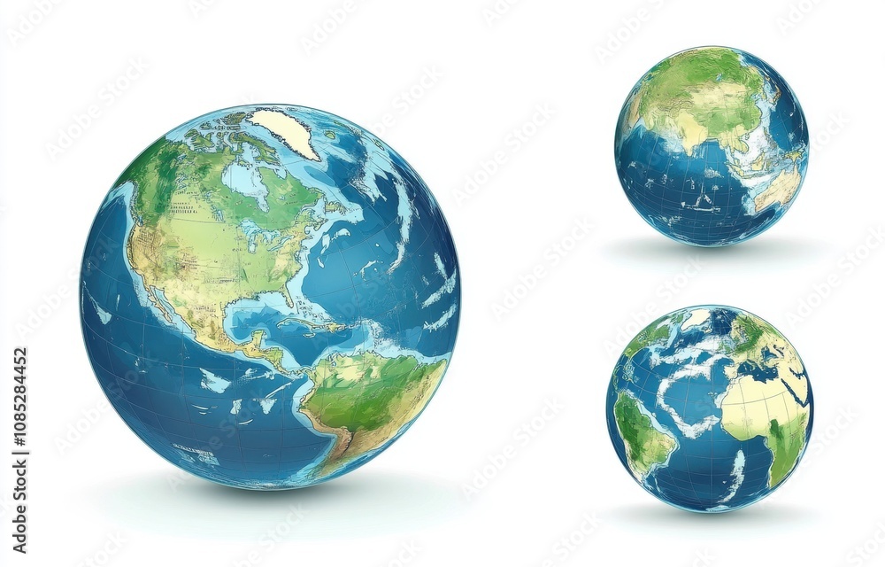 Three-Dimensional Globes Representing Different Regions of the World, Showcasing Earth’s Geography, Continents, Oceans, and Natural Landscapes in Vivid Detail