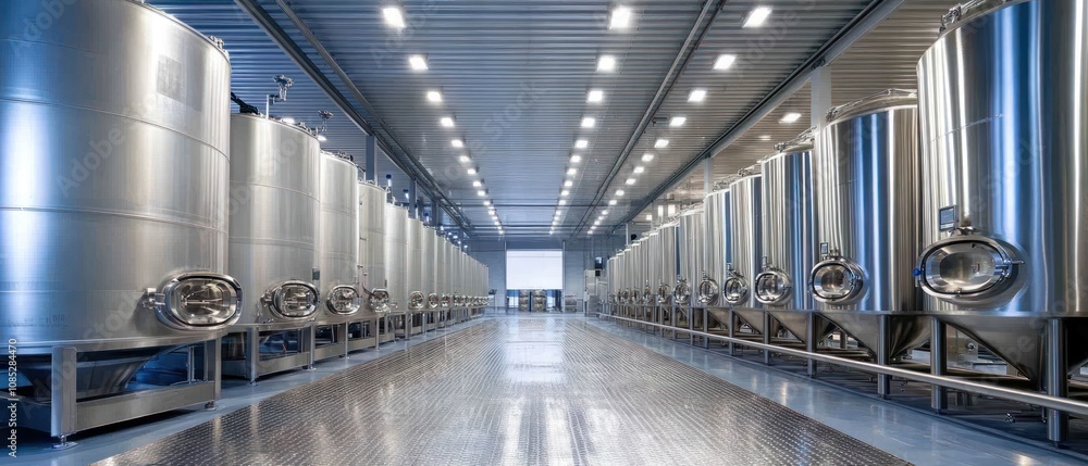 Rows of Stainless Steel Tanks in an Industrial Facility Rows of Stainless Steel Tanks in an Industrial Facility