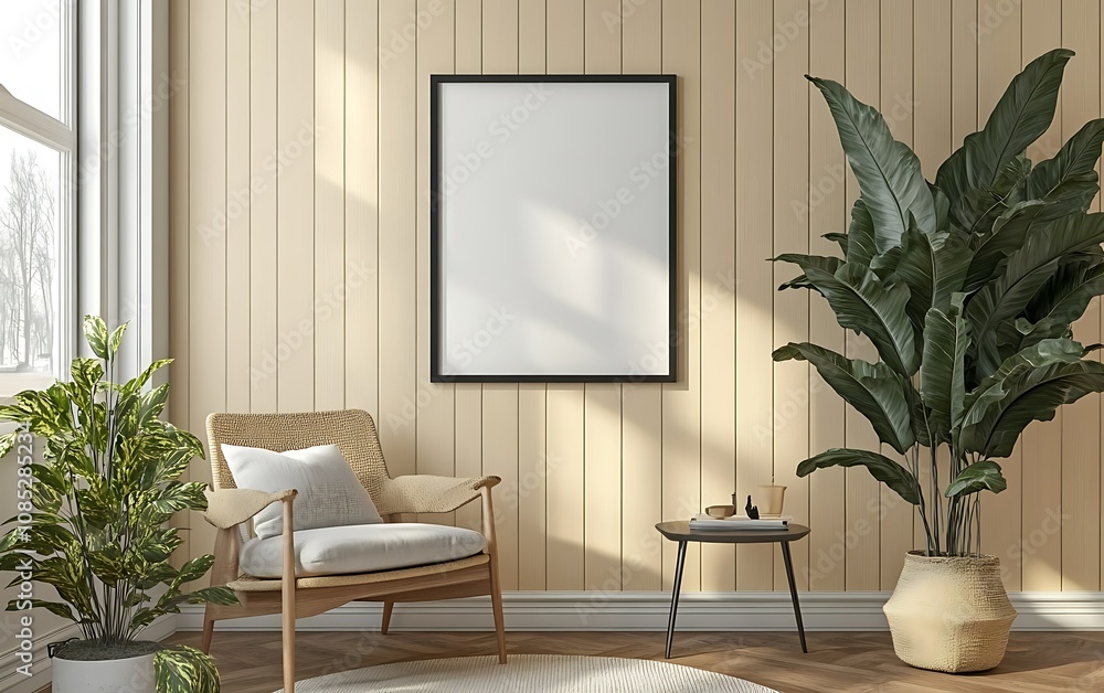 Cozy interior featuring a chair, plants, and a blank picture frame. Cozy interior featuring a chair, plants, and a blank picture frame.