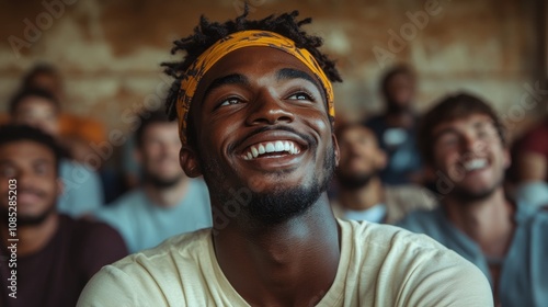 happy black man in the foreground, in the background group of men watching football match