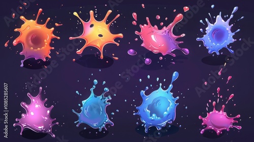 Collection of vibrant glossy paint splashes in various shapes on dark background. Colorful liquid drops for creative design and decoration. Generative AI