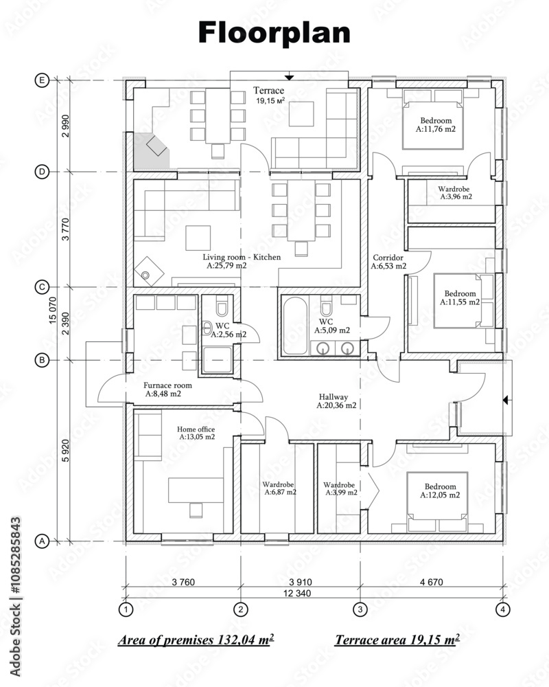 Vector blueprint of a one story building floor plan Vector blueprint of a one story building floor plan