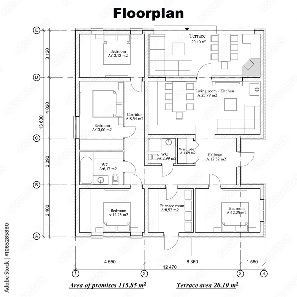 Vector blueprint of a one story building floor plan Vector blueprint of a one story building floor plan