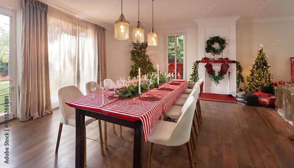 A festive dining area features a large table with a red and white table runner and candle a_1(53) A festive dining area features a large table with a red and white table runner and candle a_1(53)