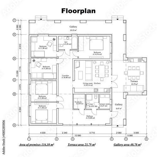 Vector blueprint of a one story building floor plan