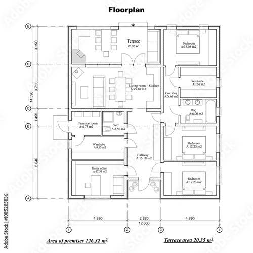 Vector blueprint of a one story building floor plan