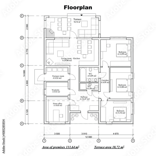 Vector blueprint of a one story building floor plan