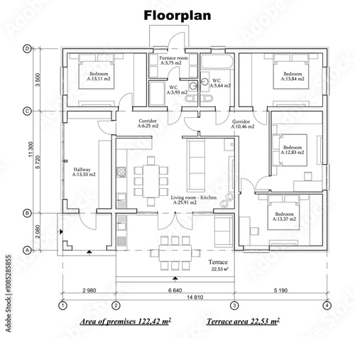 Vector blueprint of a one story building floor plan