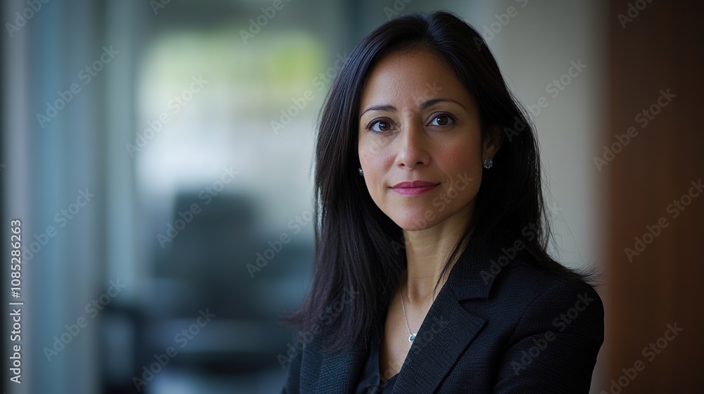 Professional woman in a business setting, displaying confidence and determination with a thoughtful expression, ideal for corporate and leadership themes.
