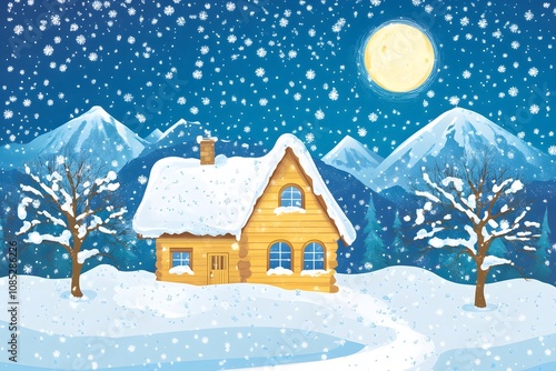 illustration of beautiful snowy Christmas village and decorated cute fir tree