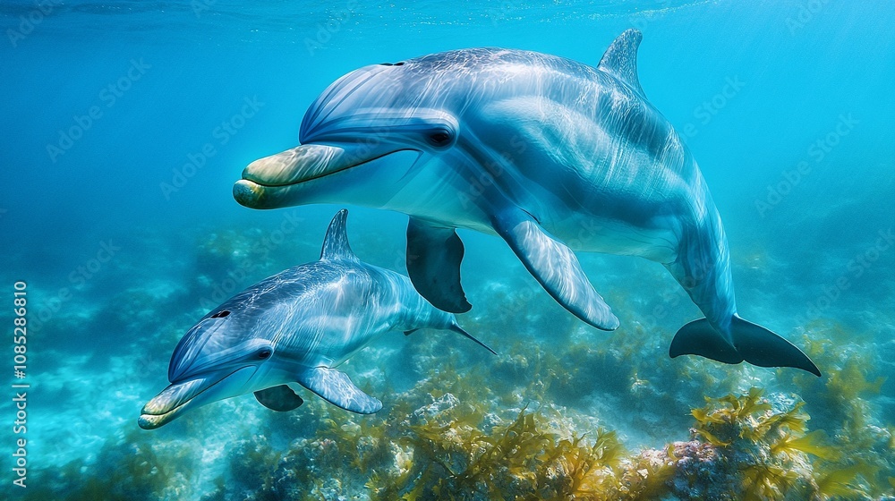 Fototapeta premium Dolphin Mother and Calf Swimming Together in Clear Blue Waters