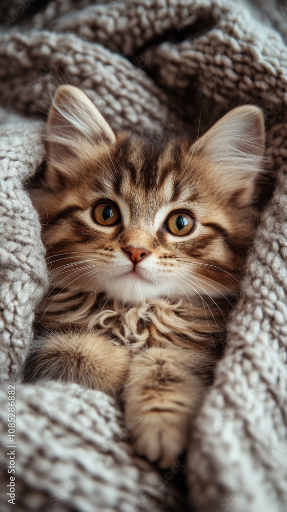 cute portrait of tabby kitten lying on blanket, top view cute portrait of tabby kitten lying on blanket, top view