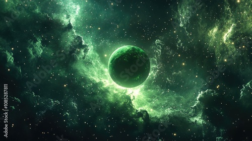 Green Planet in a Starry Nebula