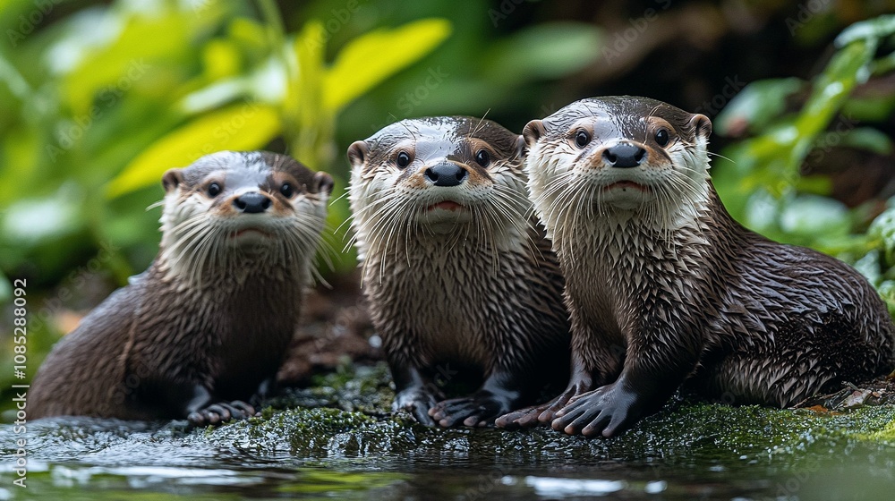 Otters Playing by the Riverbank in Morning Light Otters Playing by the Riverbank in Morning Light