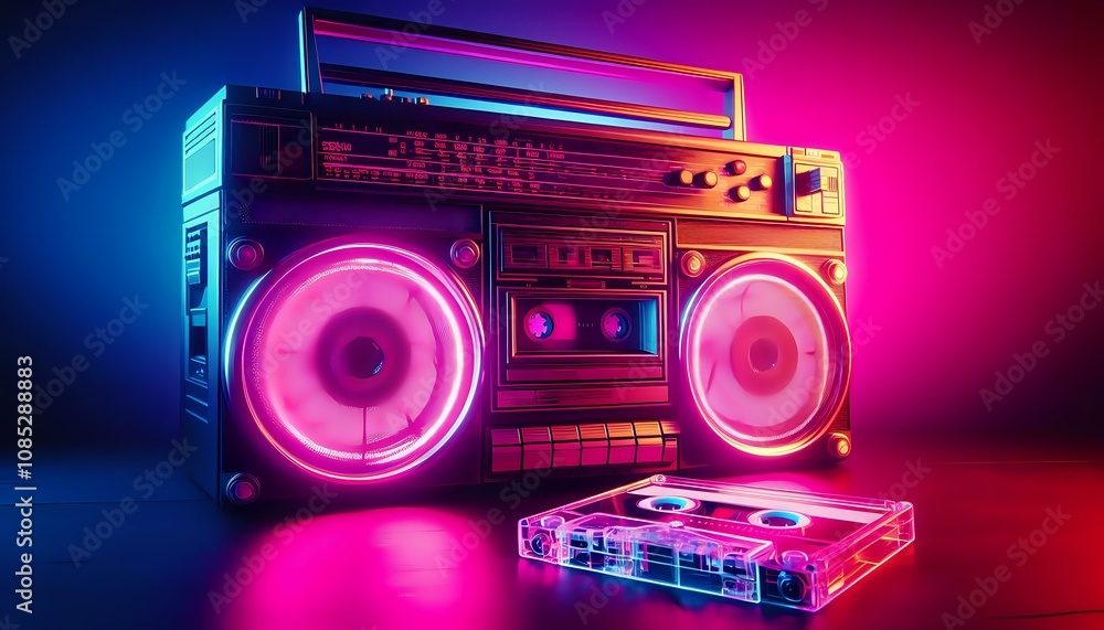 Fototapeta premium Retro Neon Boombox and Cassette Tapes