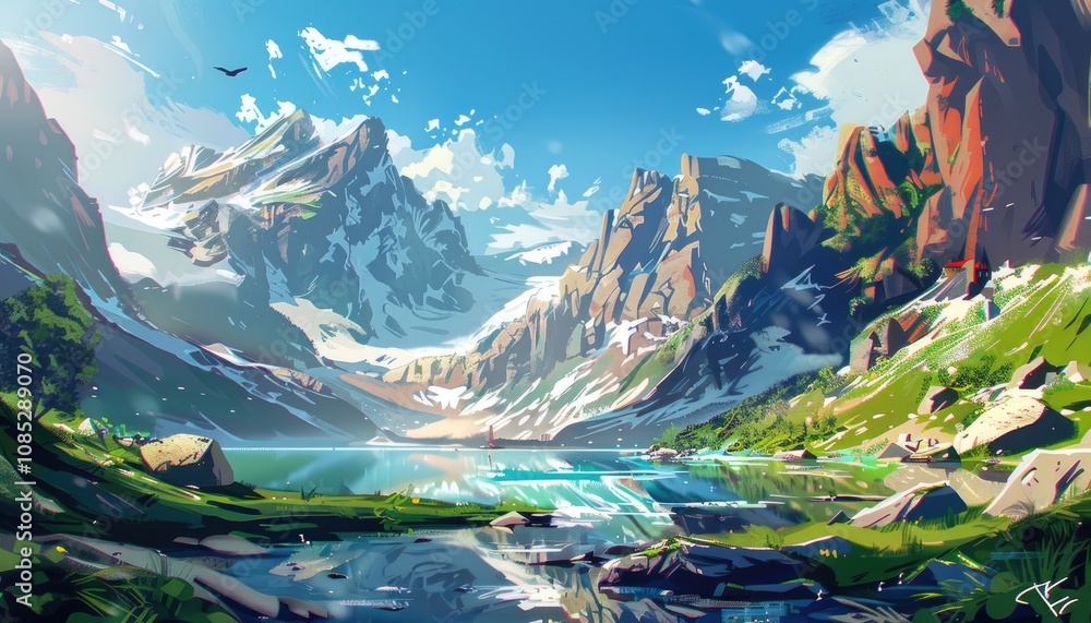 Naklejka premium A Serene Mountain Lake Under a Clear Blue Sky