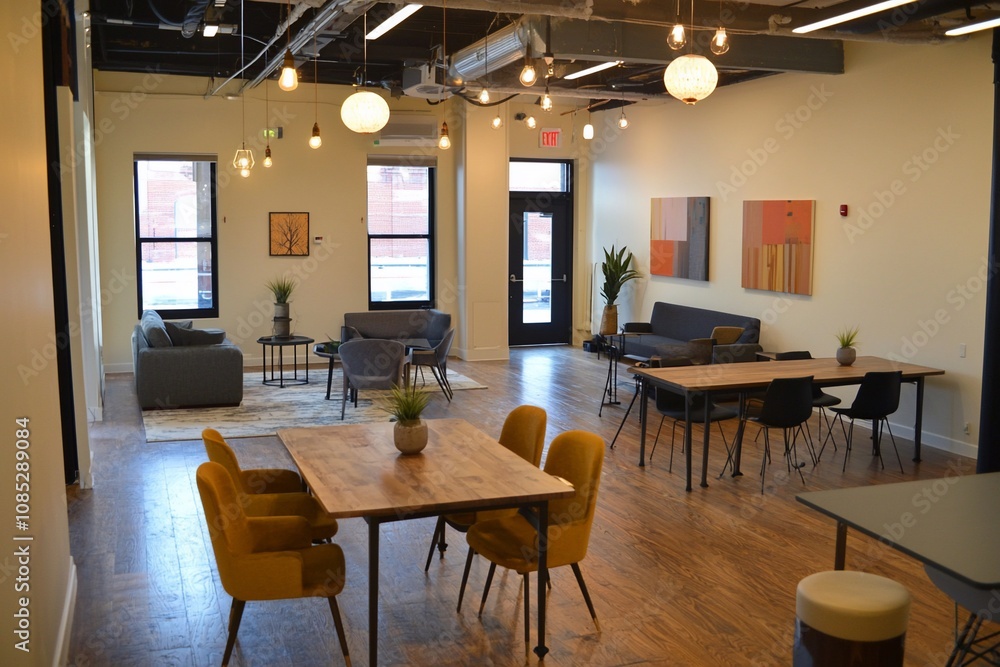 Modern Open Workspace with Stylish Decor and Comfortable Seating Modern Open Workspace with Stylish Decor and Comfortable Seating