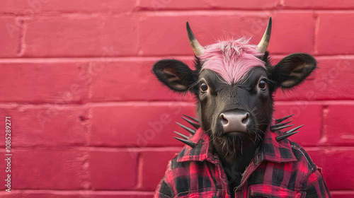 cow dressed as punk rocker with pink hair and plaid attire against vibrant red wall. This unique and playful image captures fun and quirky expression photo