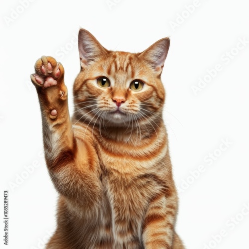 orange cat giving high five, isolated on white 