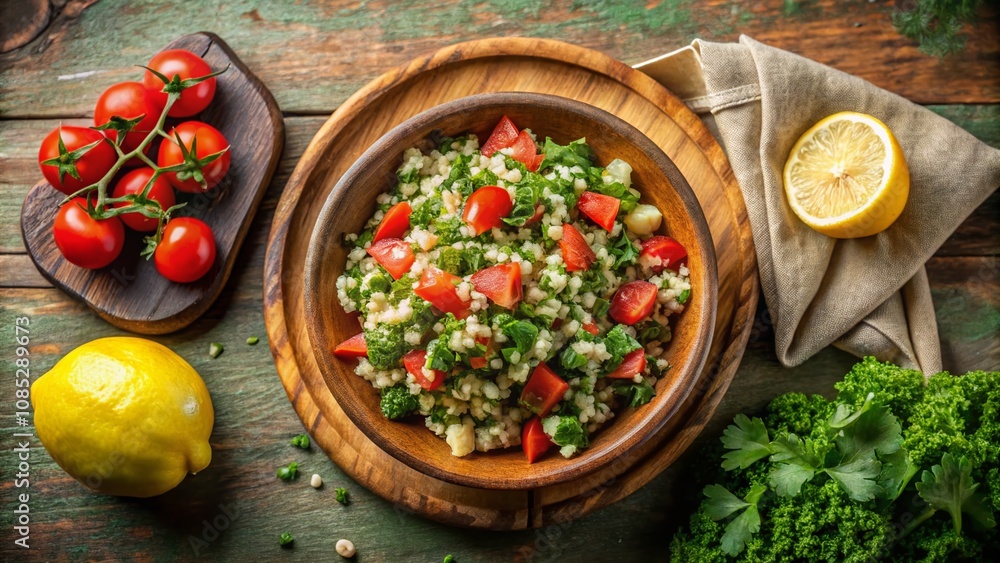 Urban exploration: Rustic bowl of tabbouleh, pita, top view. Urban exploration: Rustic bowl of tabbouleh, pita, top view.