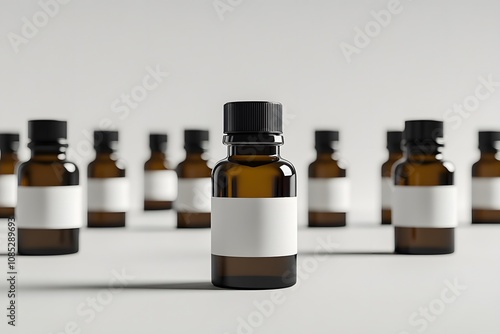 Amber Bottles With Blank White Labels Arranged In A Row photo