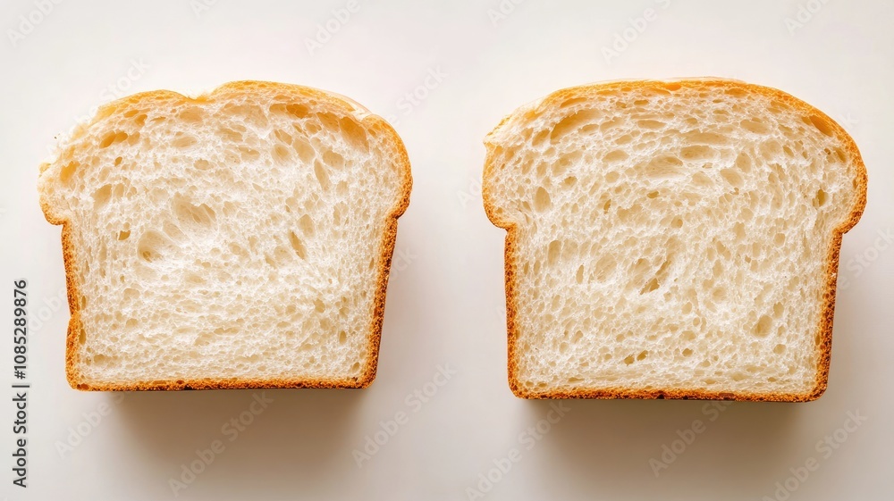 Two slices of white bread with fluffy texture on plain background Two slices of white bread with fluffy texture on plain background