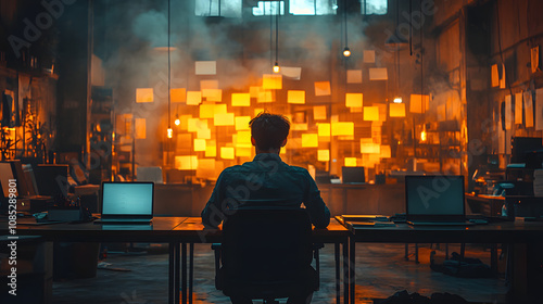 A businessman sitting alone in a dimly lit office, leaning forward with his head in his hands, conveying feelings of stress, exhaustion, and deep contemplation, representing the challenges and emotion