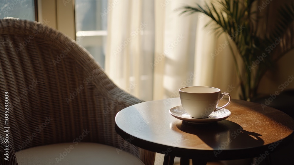 Cup of coffee on small table bathed in warm sunlight beside wicker chair and plant