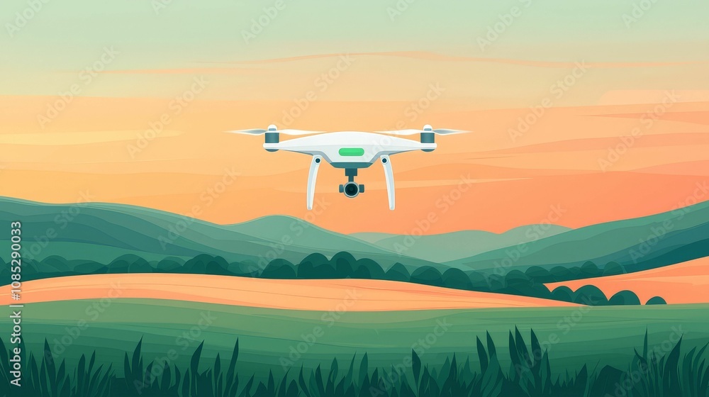 Drone and AI are revolutionizing smart farming practices Concept. A drone flies over rolling hills at sunset, capturing the serene beauty of nature in soft, warm hues. Drone and AI are revolutionizing smart farming practices Concept. A drone flies over rolling hills at sunset, capturing the serene beauty of nature in soft, warm hues.