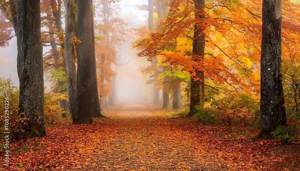 Fototapeta premium A misty forest path is flanked by trees with vibrant orange and gold hues, surrounded by cr_1(92)