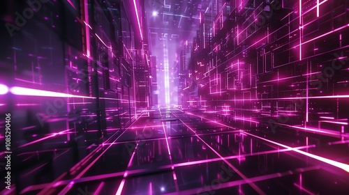 A futuristic digital landscape with glowing pink lines.