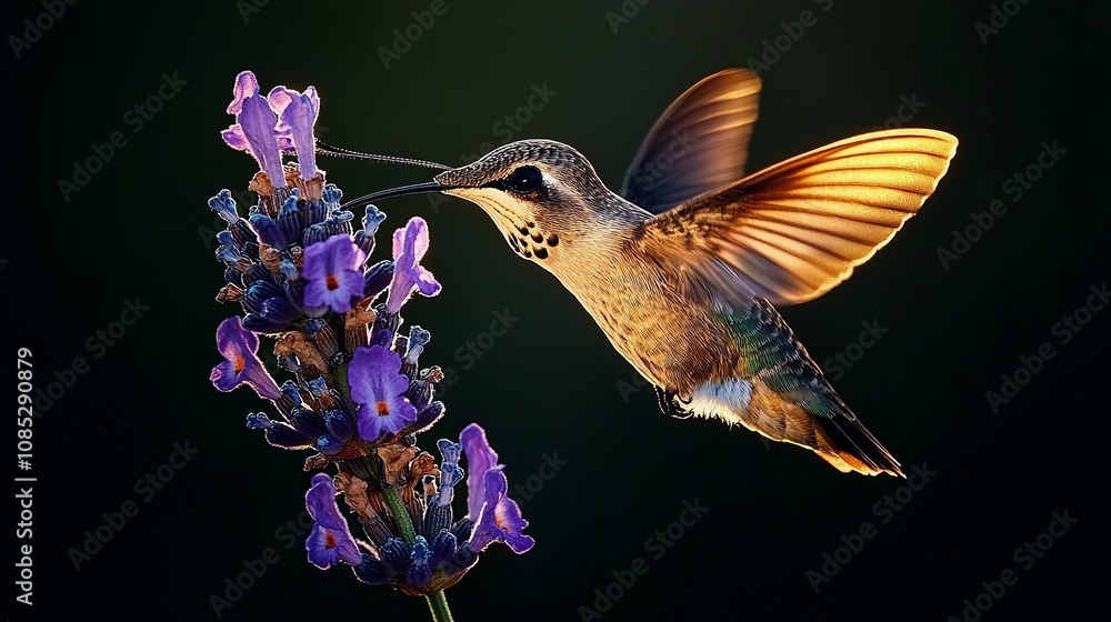 Fototapeta premium Hummingbird Moth Feeding on Lavender Flower at Dusk