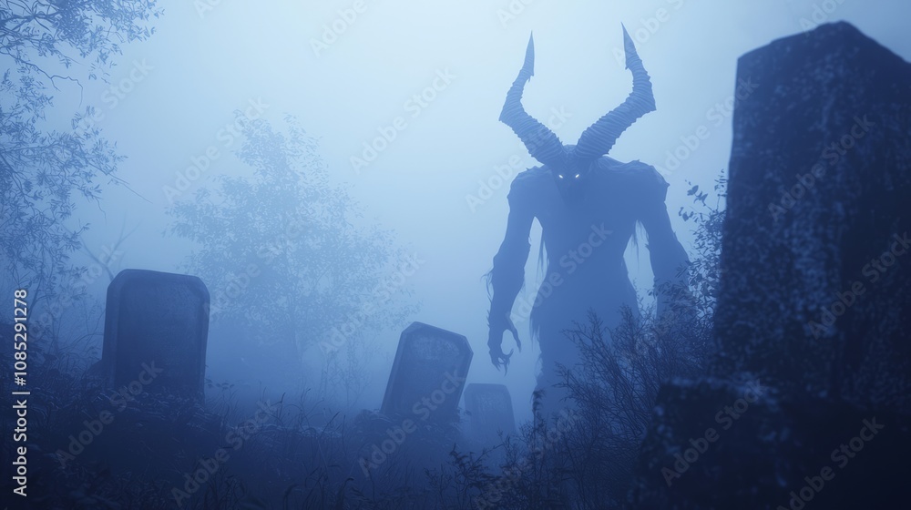 Fototapeta premium Eerie Demon in Misty Graveyard - Ultra-Detailed Dark Fantasy 3D Render Digital Artwork